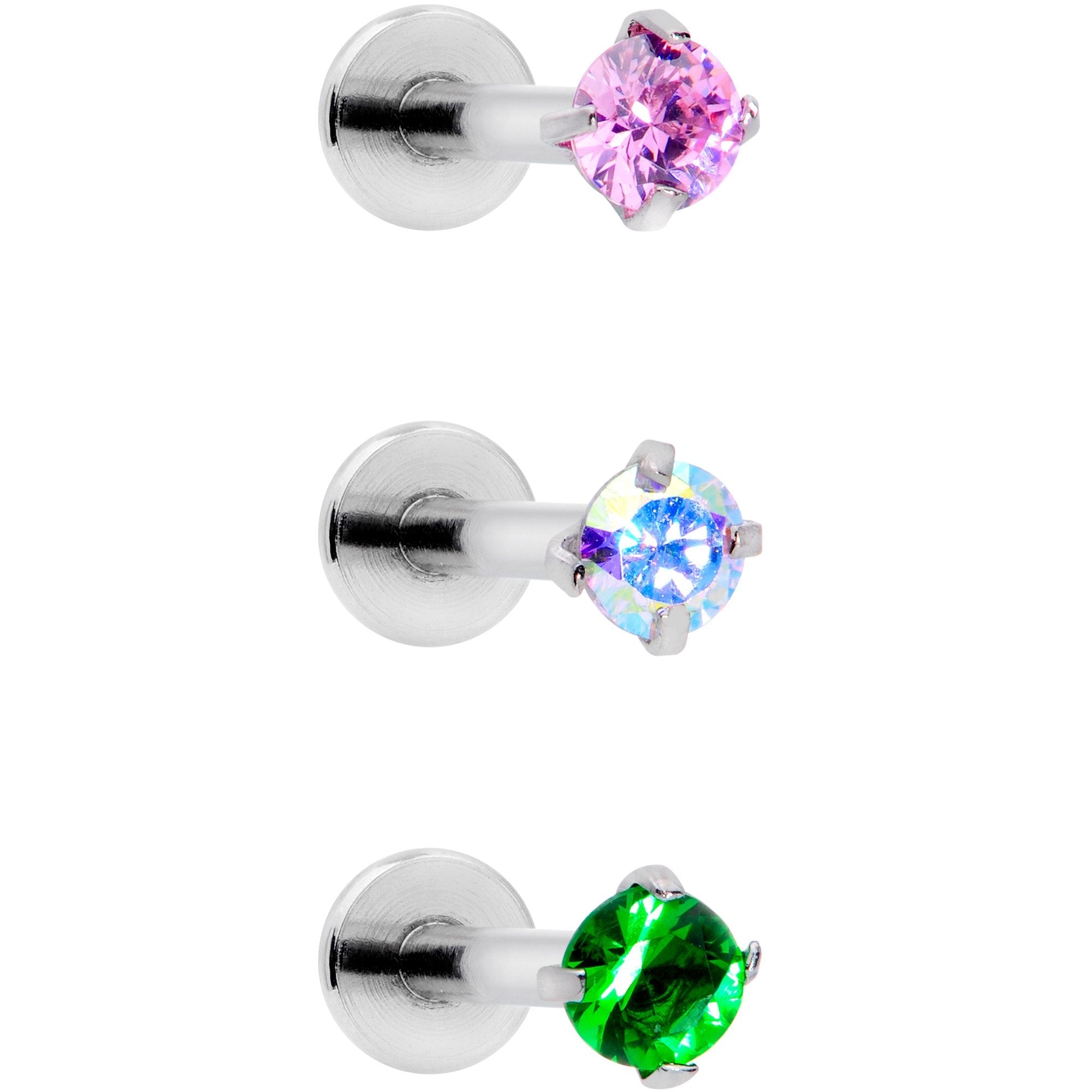 BodyCandy 16G 3/8 Pink Aurora Green Round CZ Gem Labret Tragus Set of 3 — detail and construction