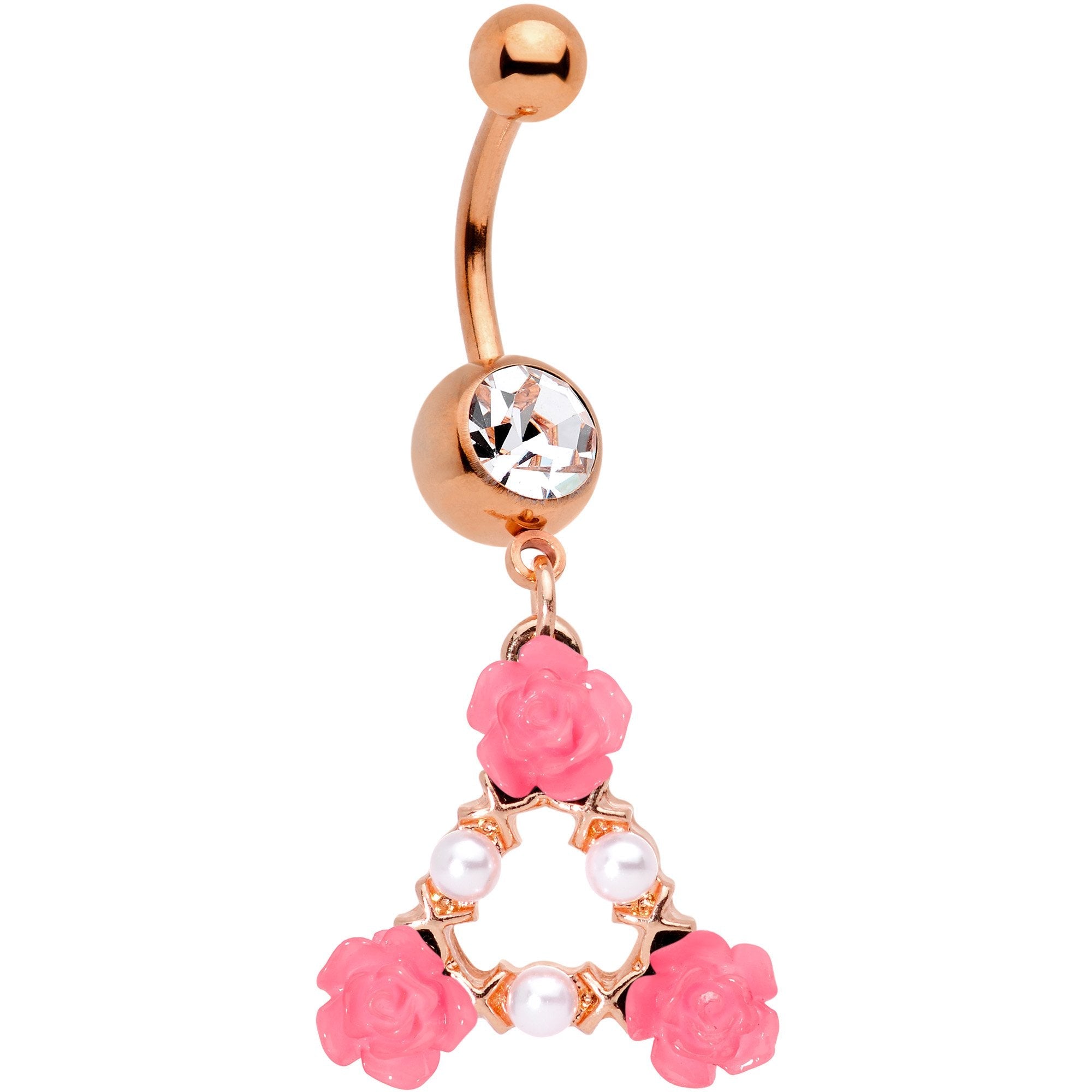BodyCandy Clear Gem Rose Gold Tone Triangle of Roses Dangle Belly Ring — main product shot