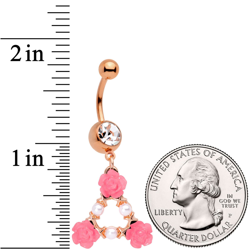 BodyCandy Clear Gem Rose Gold Tone Triangle of Roses Dangle Belly Ring — detail and construction