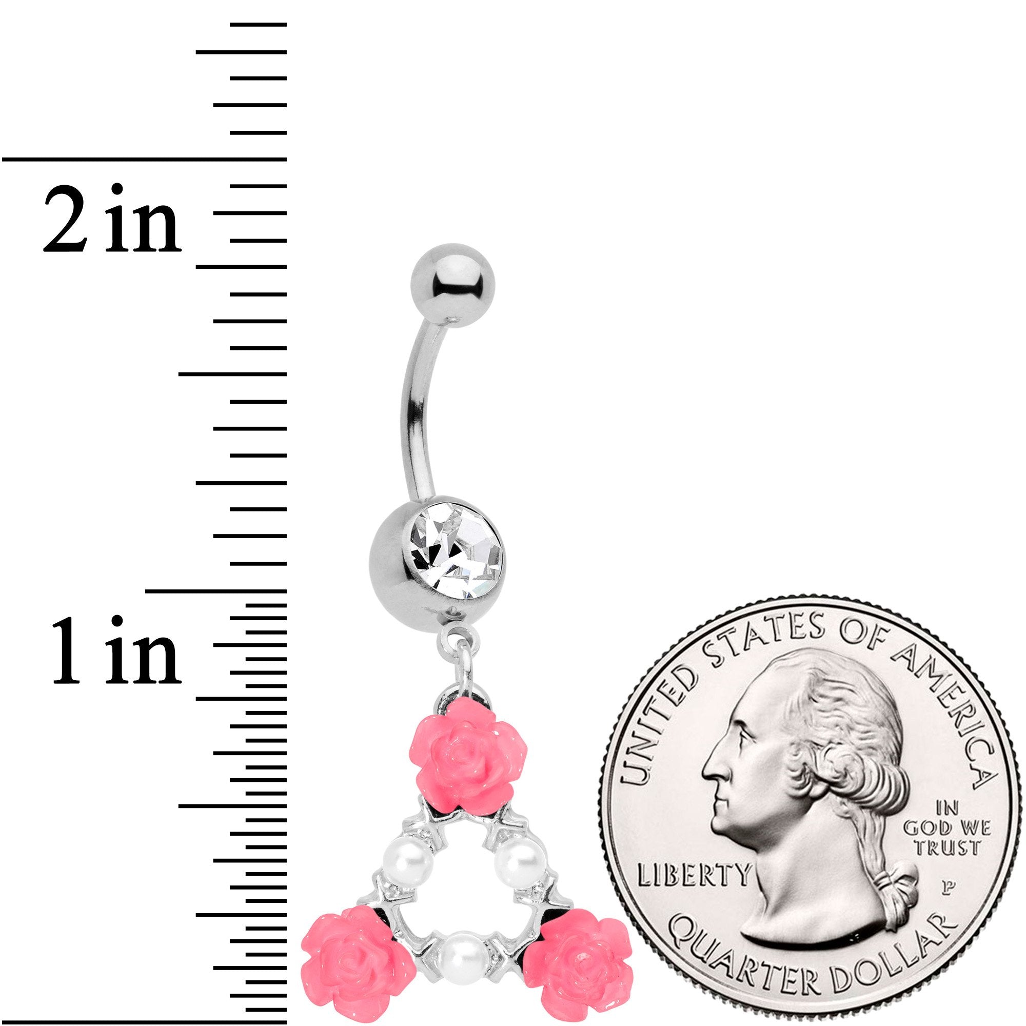BodyCandy Clear Gem Triangle of Roses Dangle Belly Ring — detail and construction