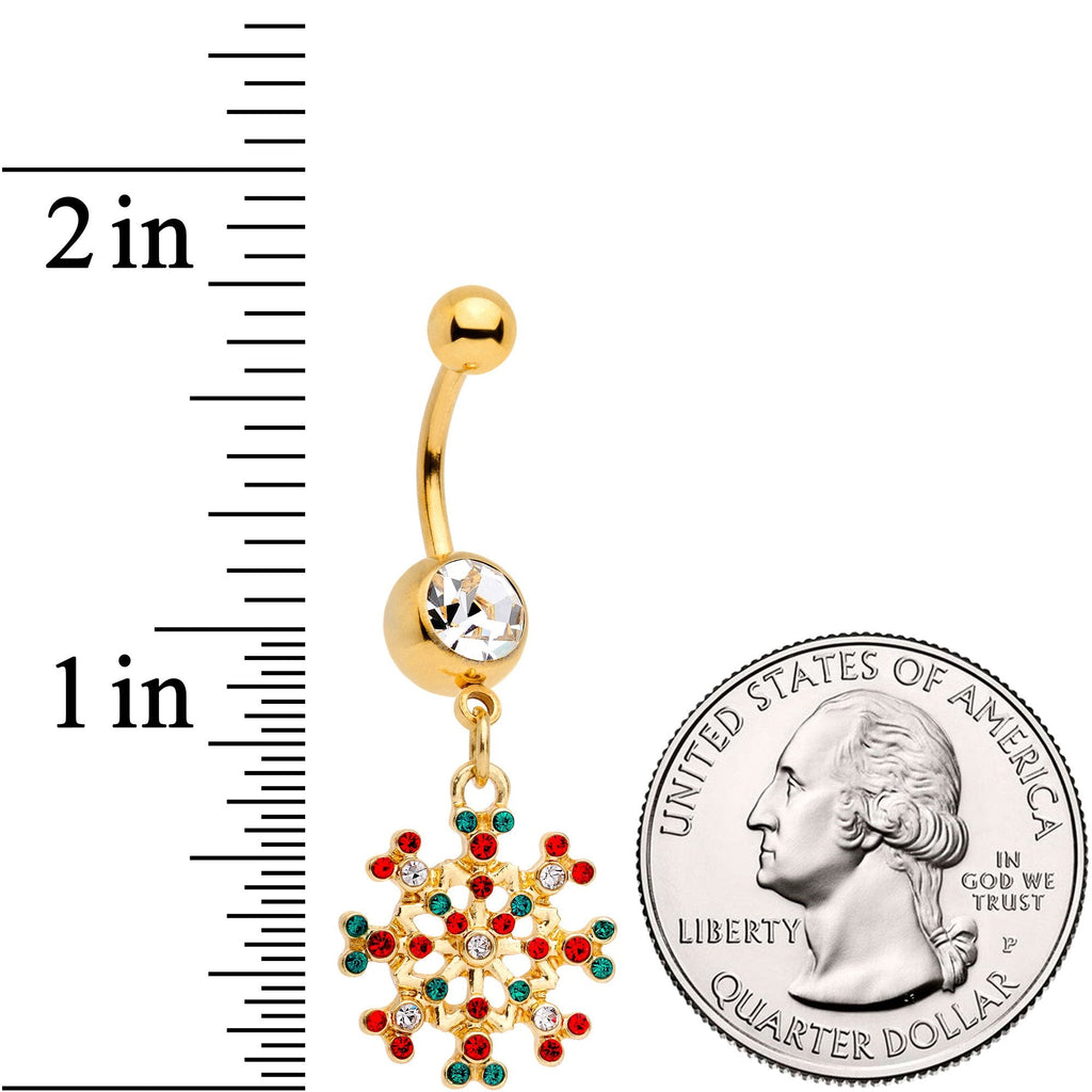 BodyCandy Red Green Gem Gold Tone Winter Blizzard Dangle Belly Ring — detail and construction