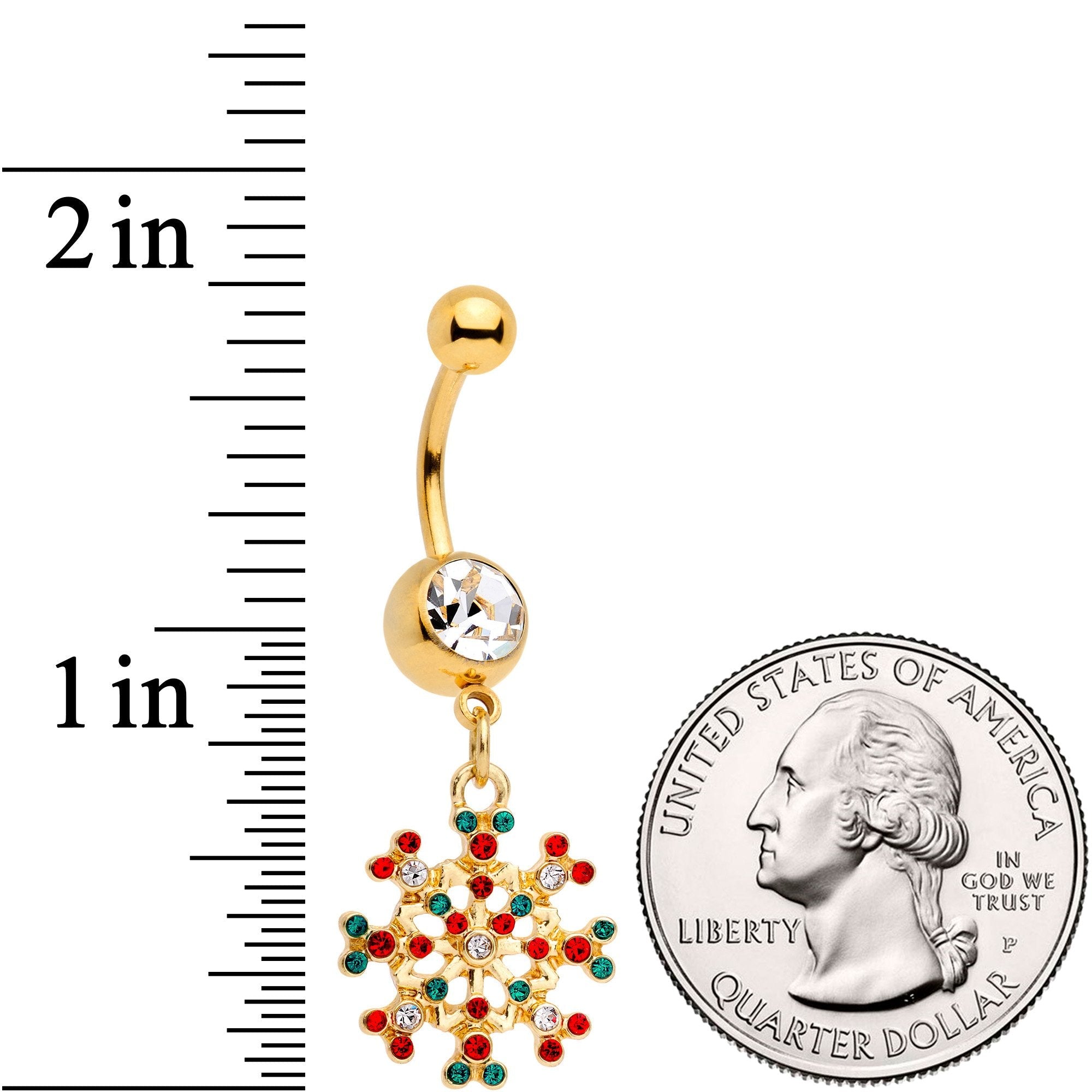 BodyCandy Red Green Gem Gold Tone Winter Blizzard Dangle Belly Ring — detail and construction