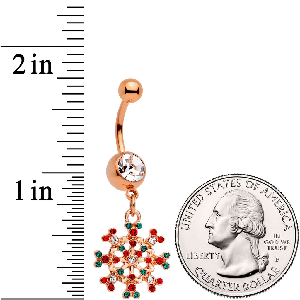 BodyCandy Red Green Gem Rose Gold Tone Winter Blizzard Dangle Belly Ring — detail and construction
