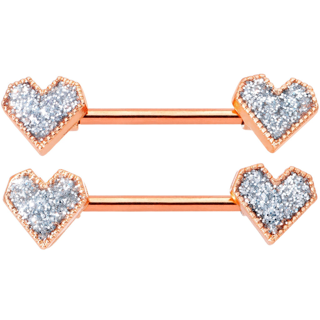 BodyCandy 14G 9/16 Rose Gold Tone Valentine Heart Barbell Nipple Ring Set — detail and construction