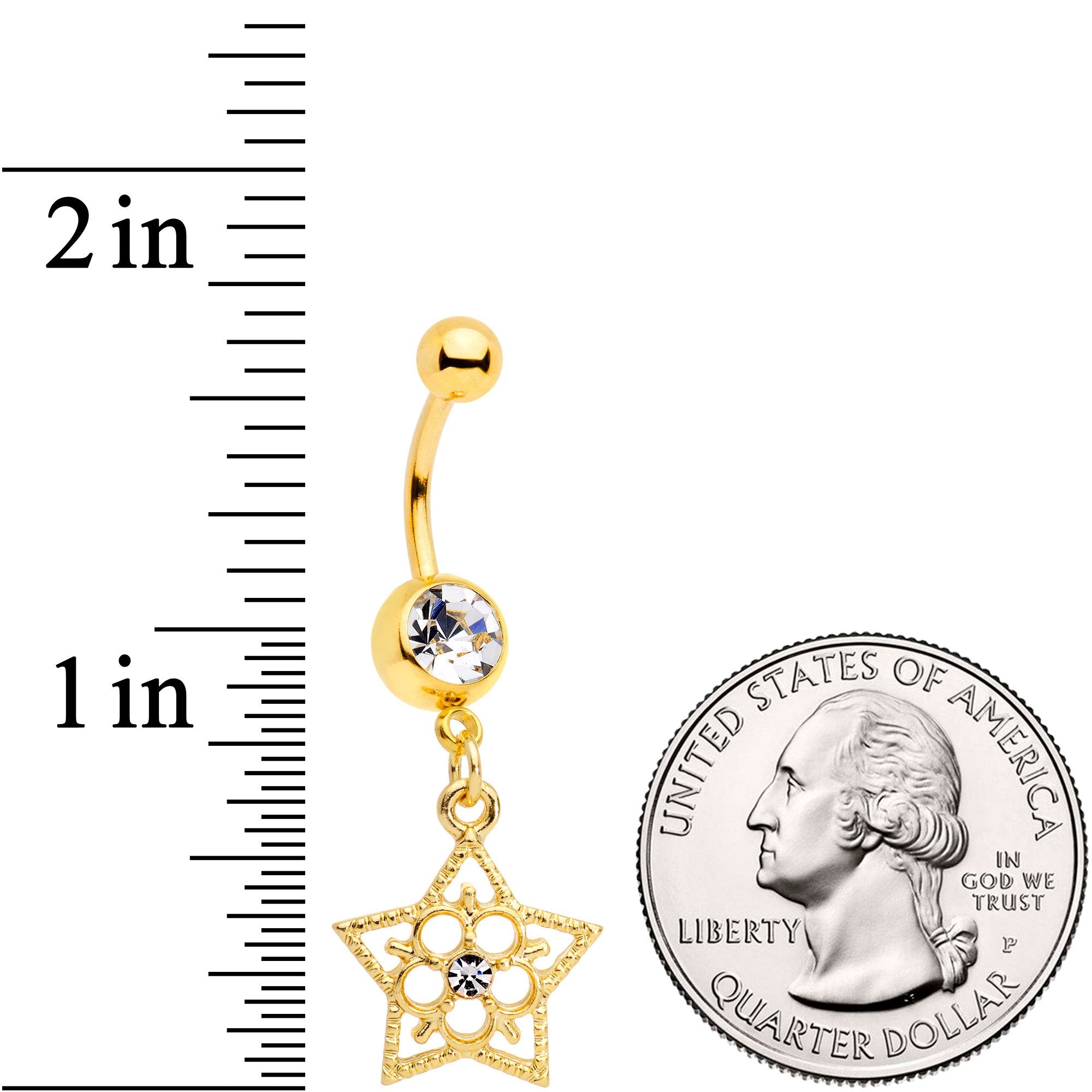 BodyCandy Clear Gem Gold Tone Star and Snow Flower Dangle Belly Ring — detail and construction