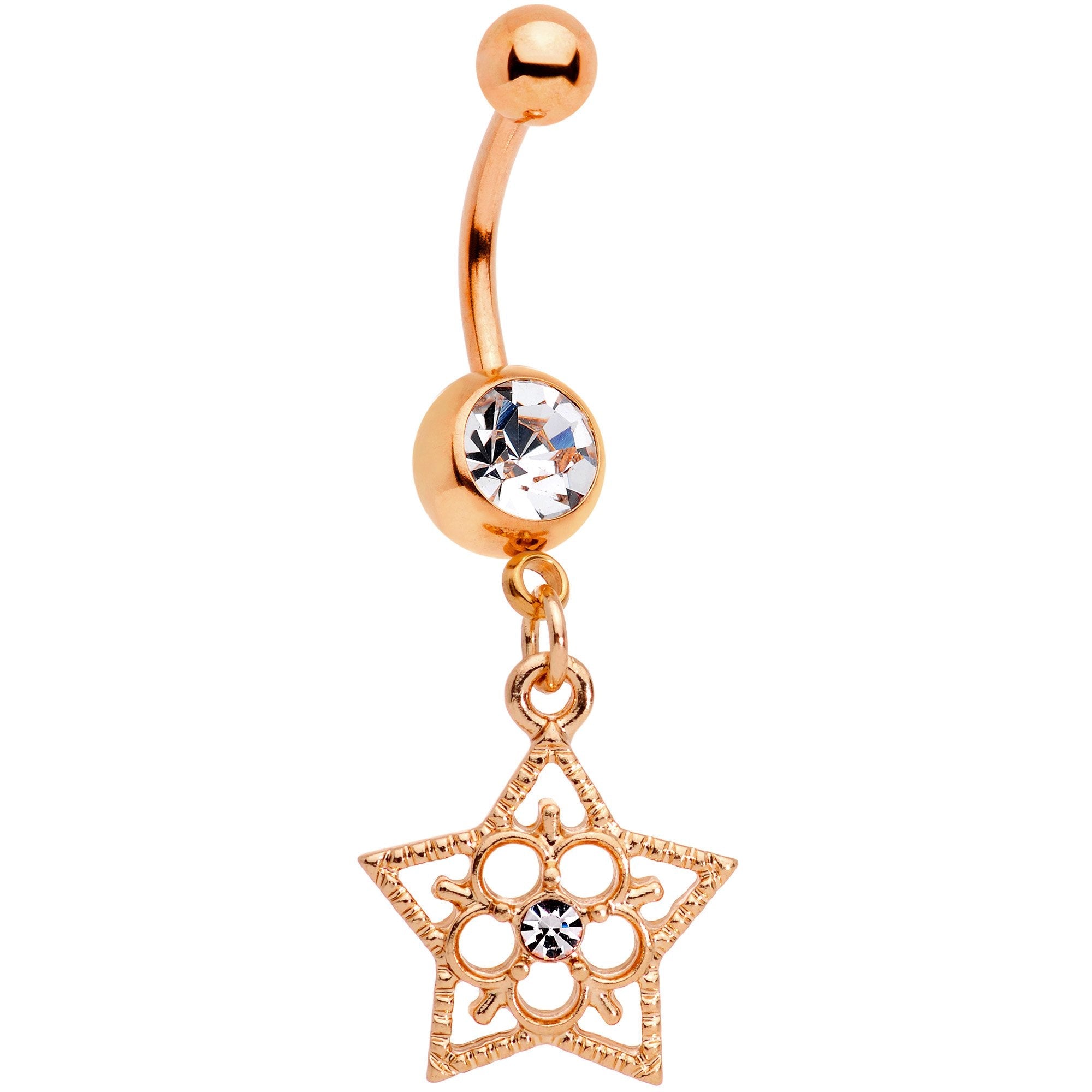 BodyCandy Clear Gem Rose Gold Tone Star and Snow Flower Dangle Belly Ring — main product shot