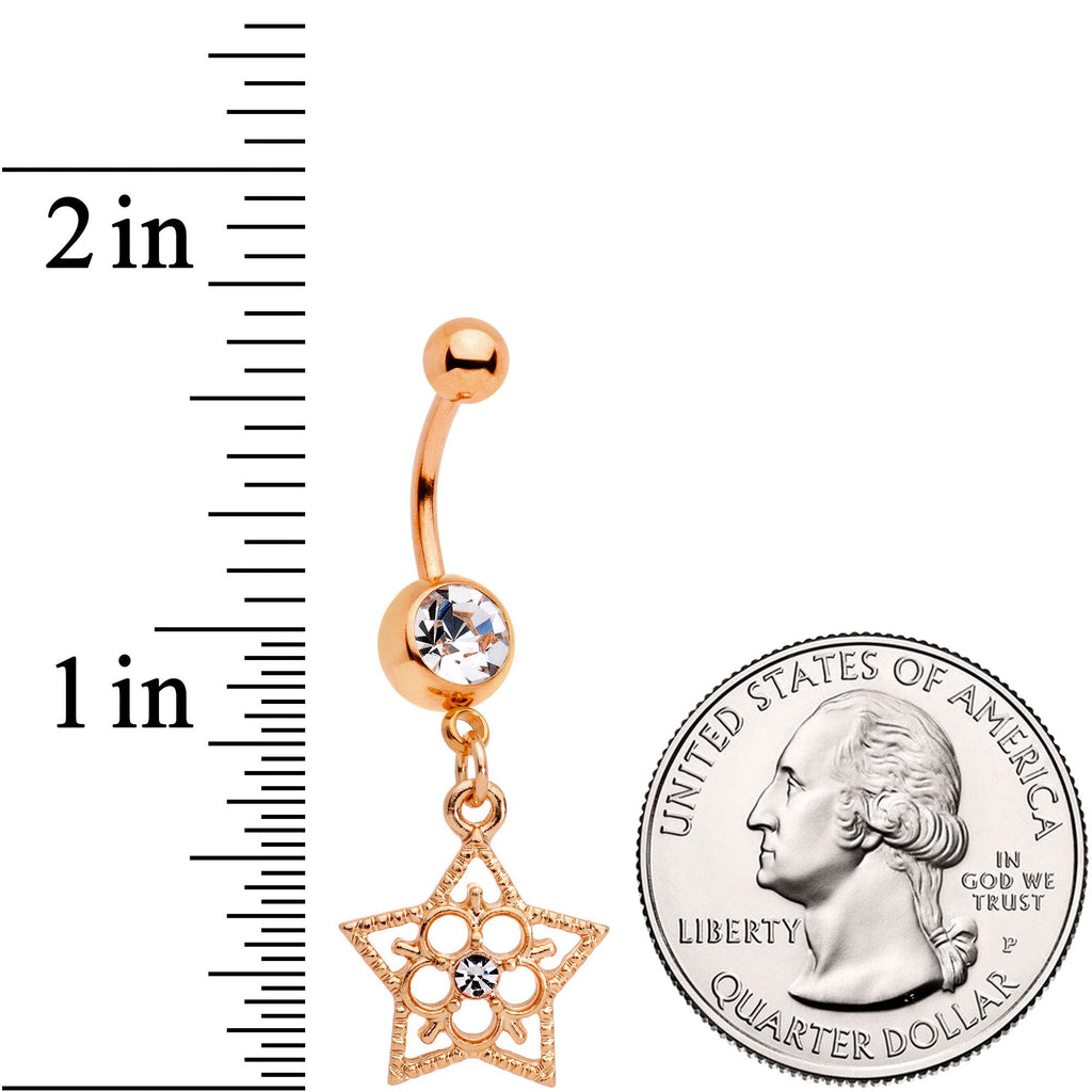 BodyCandy Clear Gem Rose Gold Tone Star and Snow Flower Dangle Belly Ring — detail and construction
