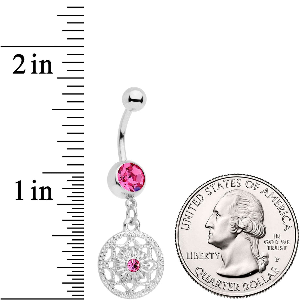 BodyCandy Pink Gem Ring Around a Snowflake Dangle Belly Ring — detail and construction