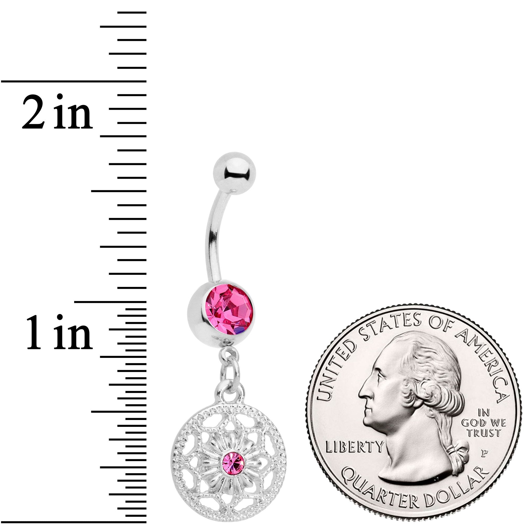 BodyCandy Pink Gem Ring Around a Snowflake Dangle Belly Ring — detail and construction