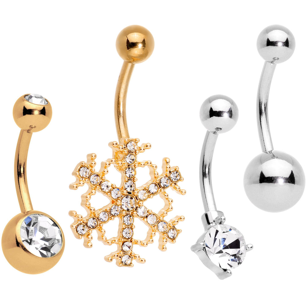 BodyCandy Clear Gem Gold Tone Winter Snowflake Belly Ring Set of 4 — main product shot