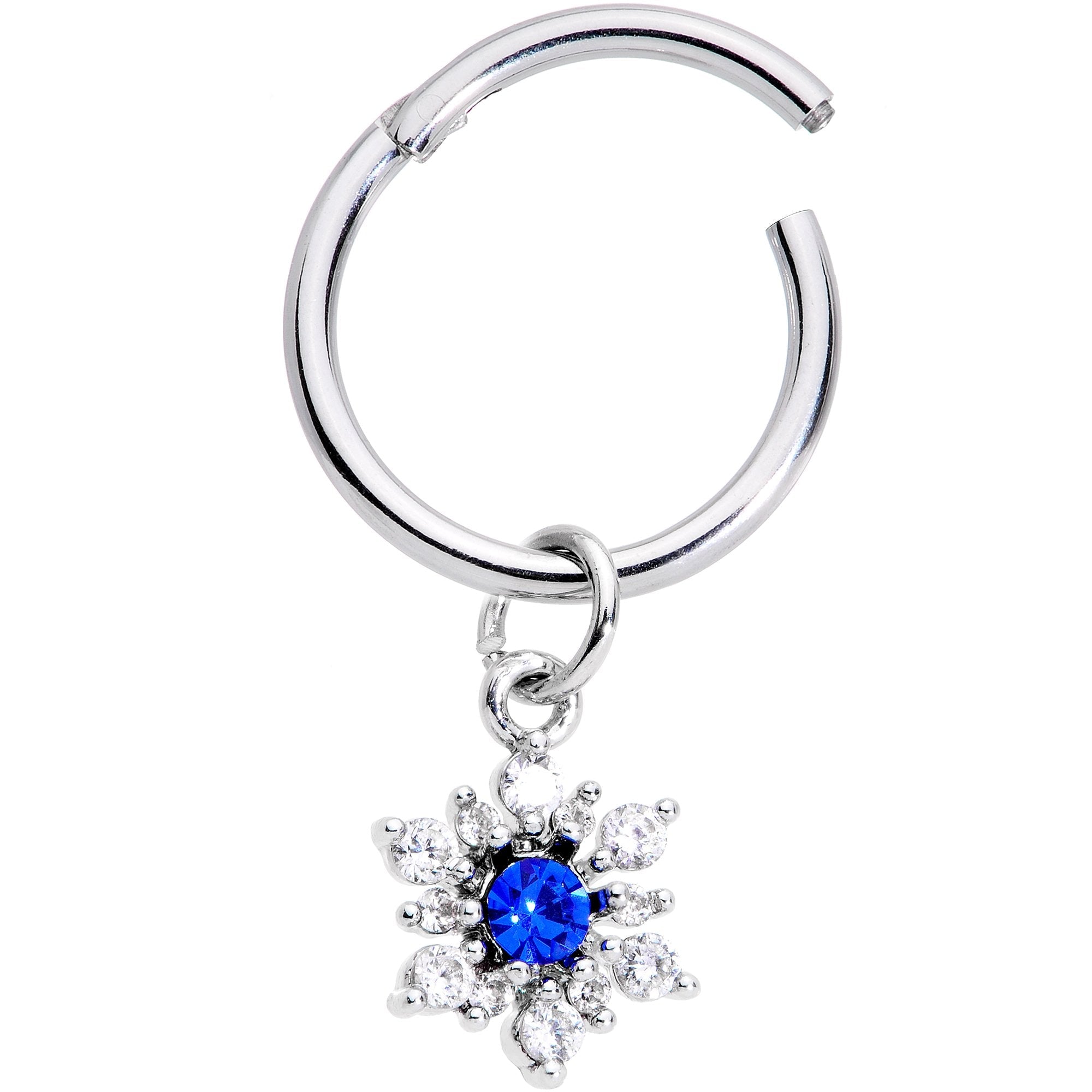 BodyCandy 16G 3/8 Blue Clear Snowflake Hinged Dangle Segment Ring — detail and construction