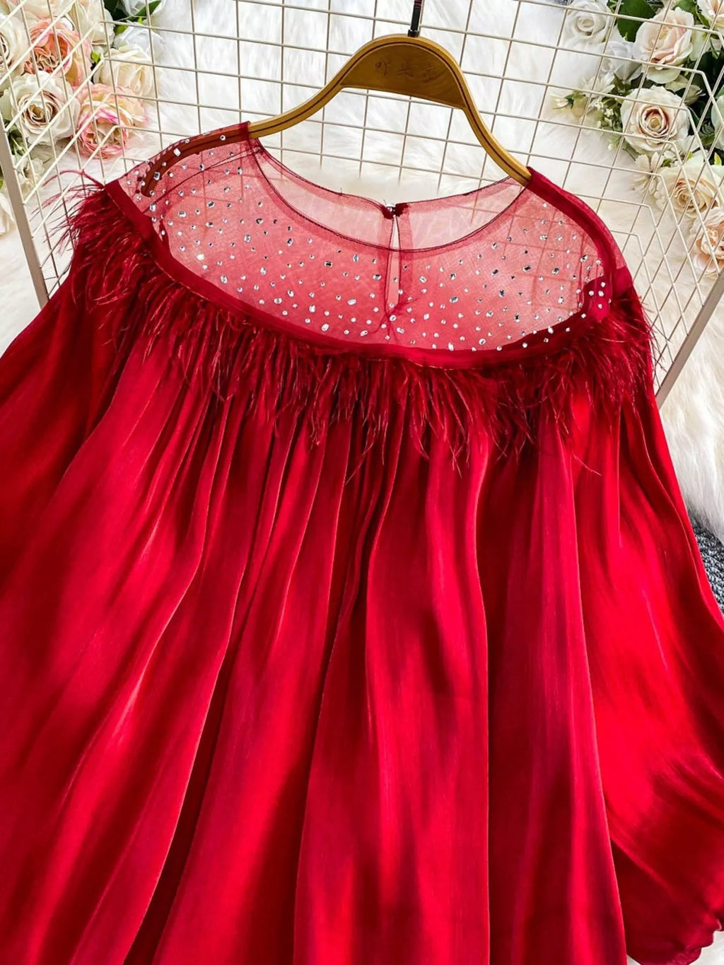 Rhinestone Mesh Panel Blouse