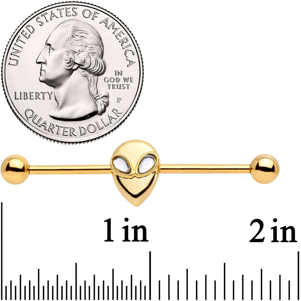 BodyCandy 14G Clear Gem Gold Tone Alien Invader Industrial Barbell 38mm — detail and construction