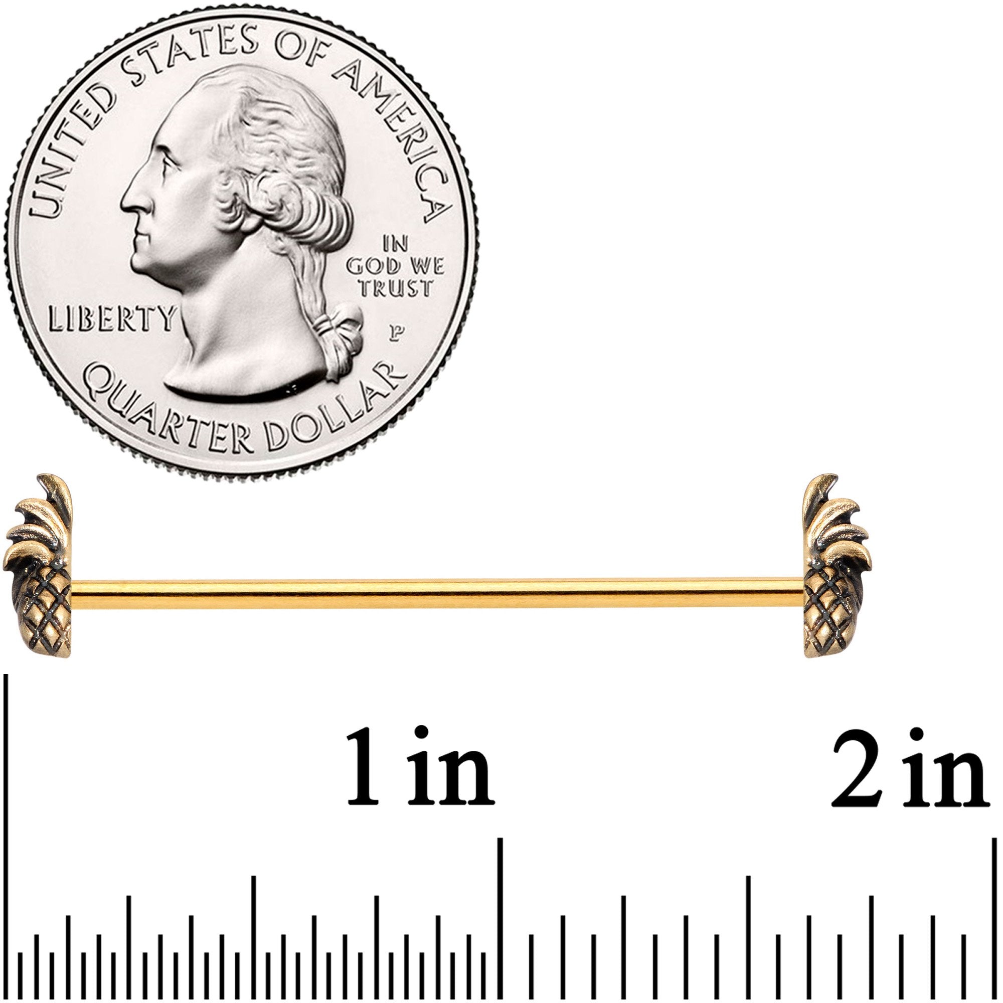 BodyCandy 14G Gold Tone Split Pineapple Ends Industrial Barbell 38mm — detail and construction