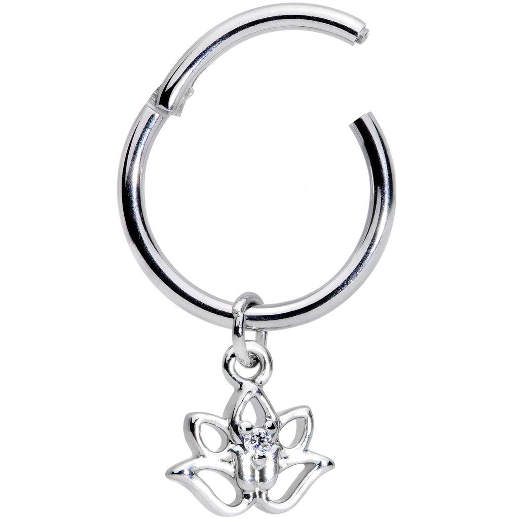 BodyCandy 16G 3/8 Clear CZ Gem Lotus Flower Dangle Hinged Segment Ring — detail and construction