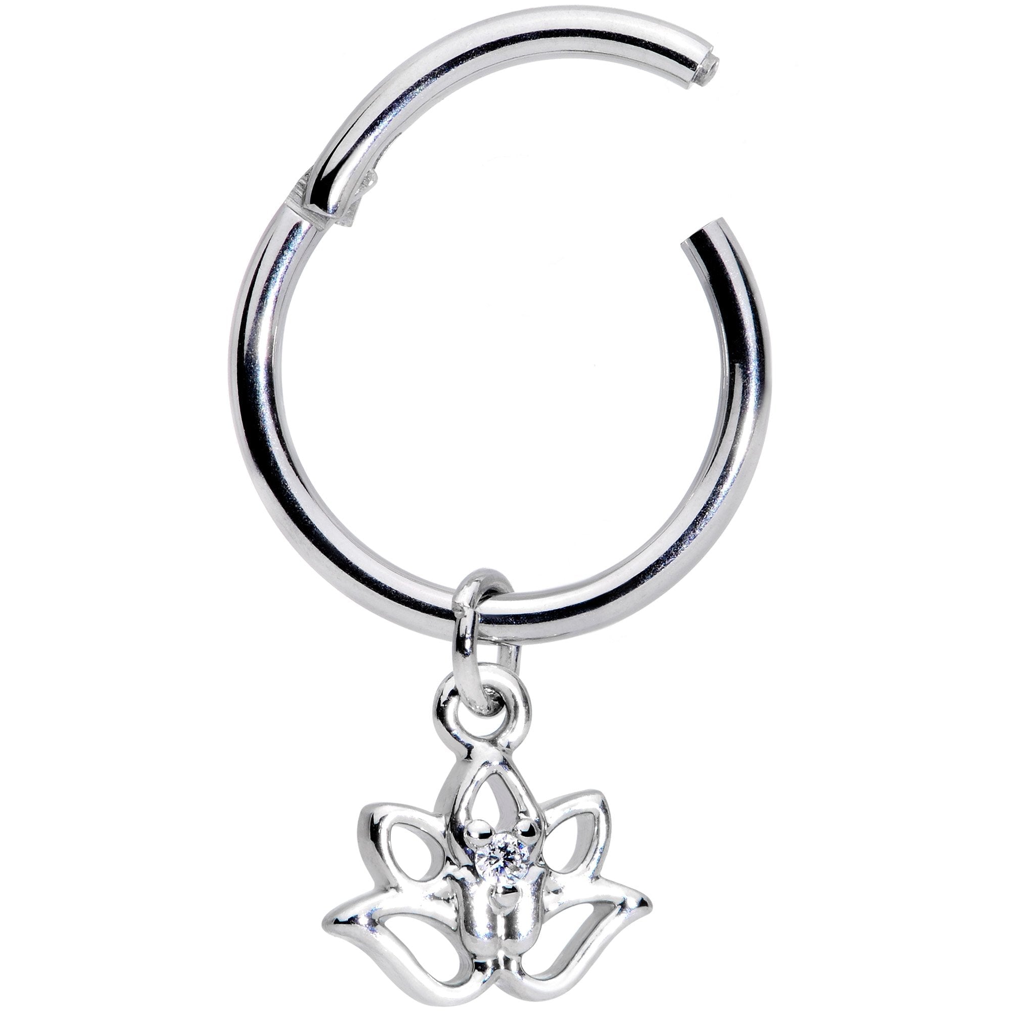 BodyCandy 16G 3/8 Clear CZ Gem Lotus Flower Dangle Hinged Segment Ring — detail and construction