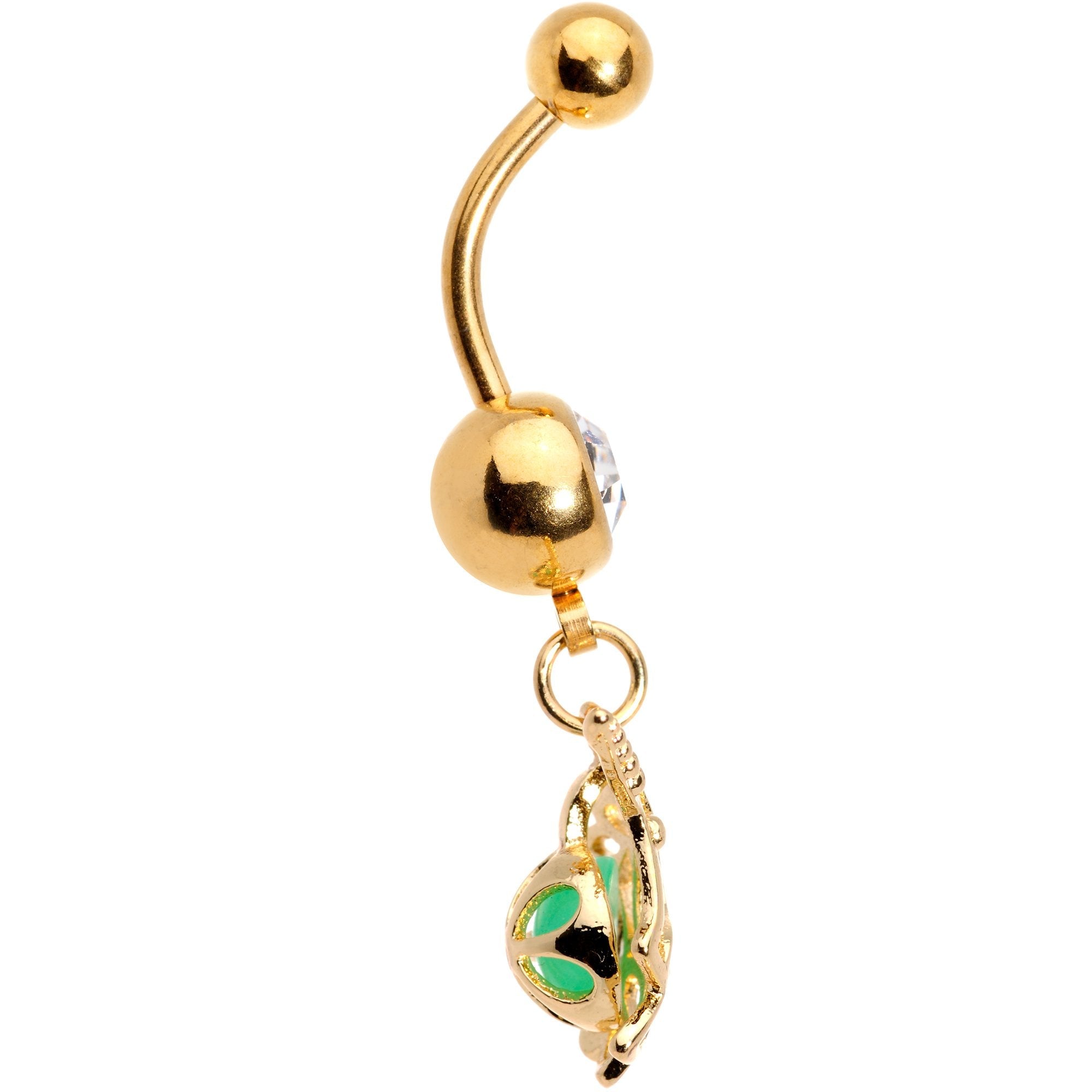 BodyCandy Clear Gem Gold Tone Glow Orb Unicorn Dangle Belly Ring — detail and construction
