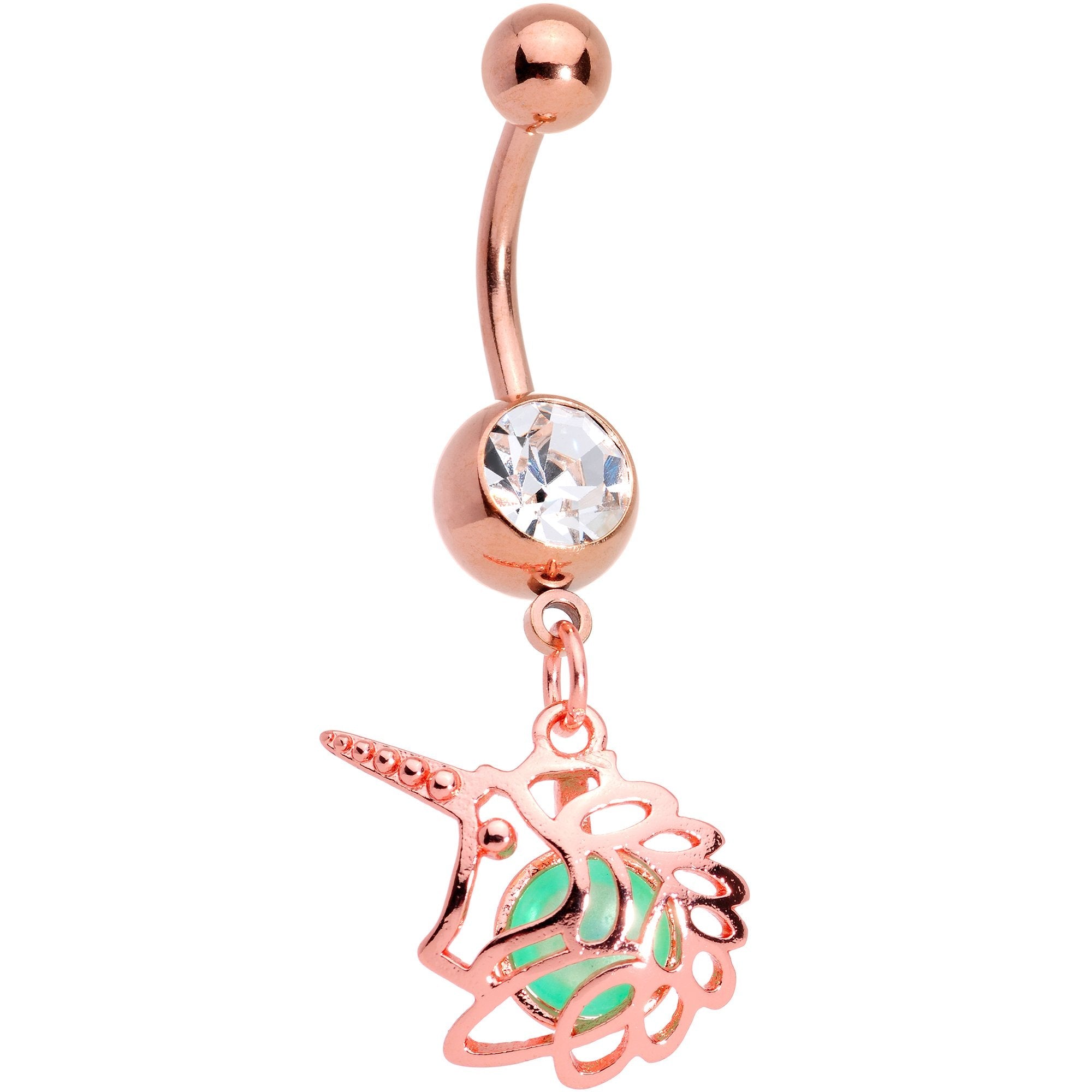 BodyCandy Clear Gem Rose Gold Tone Glow in the Dark Orb Unicorn Dangle Belly Ring — main product shot