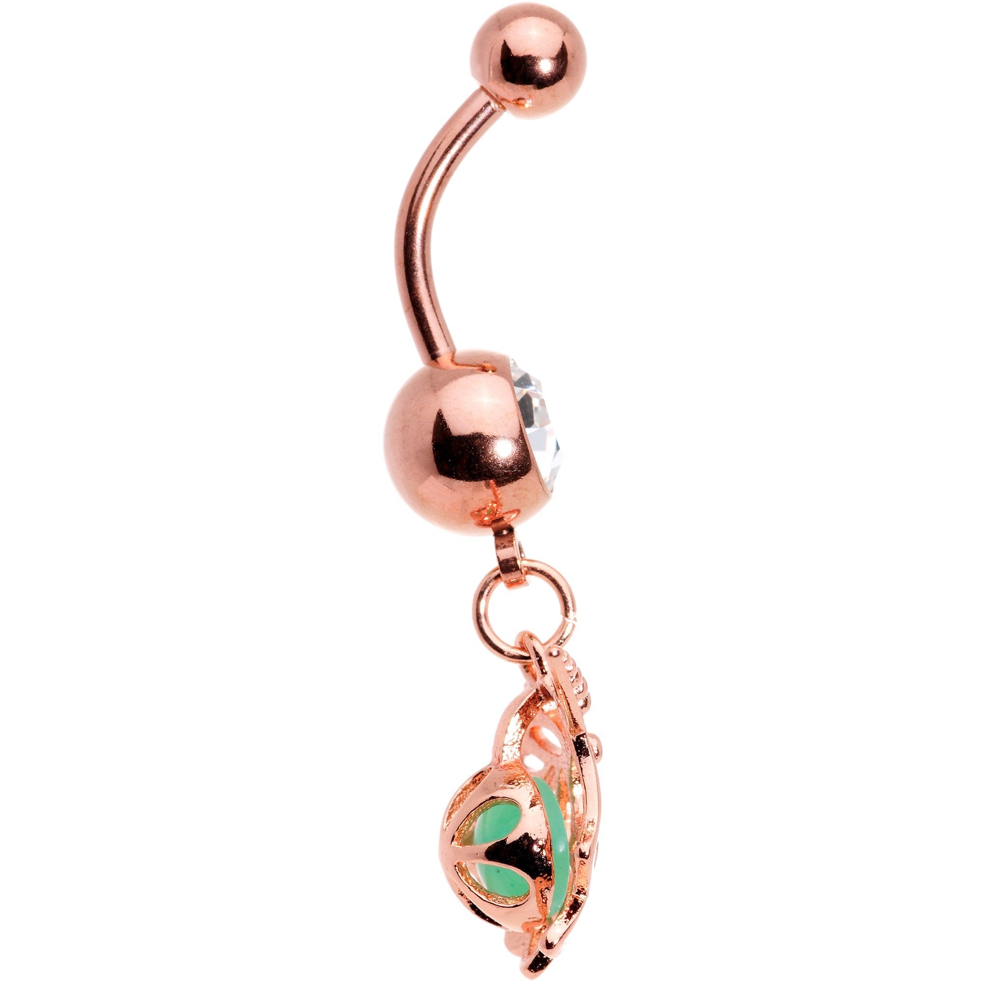 BodyCandy Clear Gem Rose Gold Tone Glow in the Dark Orb Unicorn Dangle Belly Ring — detail and construction