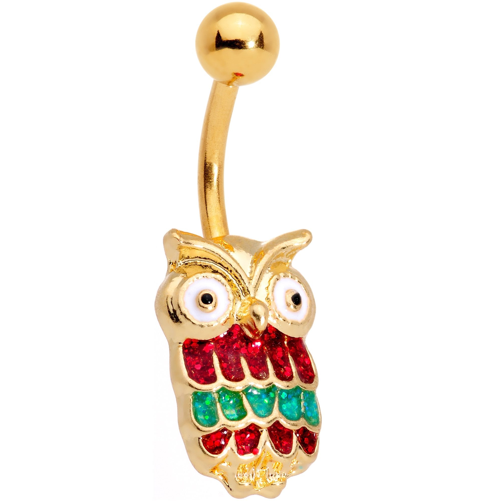 BodyCandy Gold Tone Red Green Happy Holiday Christmas Hoot Owl Belly Ring — main product shot