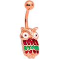 BodyCandy Rose Gold Tone Red Green Happy Holiday Christmas Hoot Owl Belly Ring — main product shot