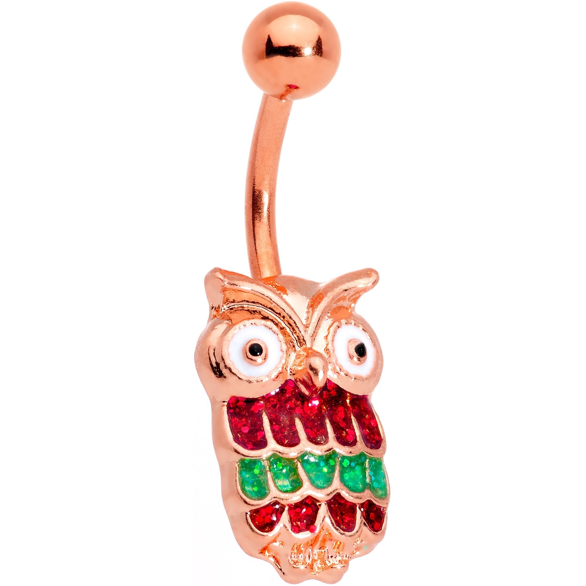 BodyCandy Rose Gold Tone Red Green Happy Holiday Christmas Hoot Owl Belly Ring — main product shot