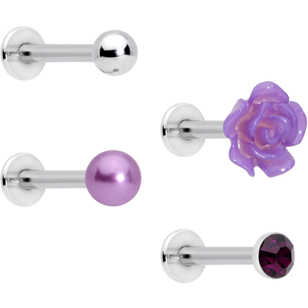 BodyCandy 16G 1/4 Purple Gem Rose Flower Labret Monroe Tragus Set of 4 — main product shot