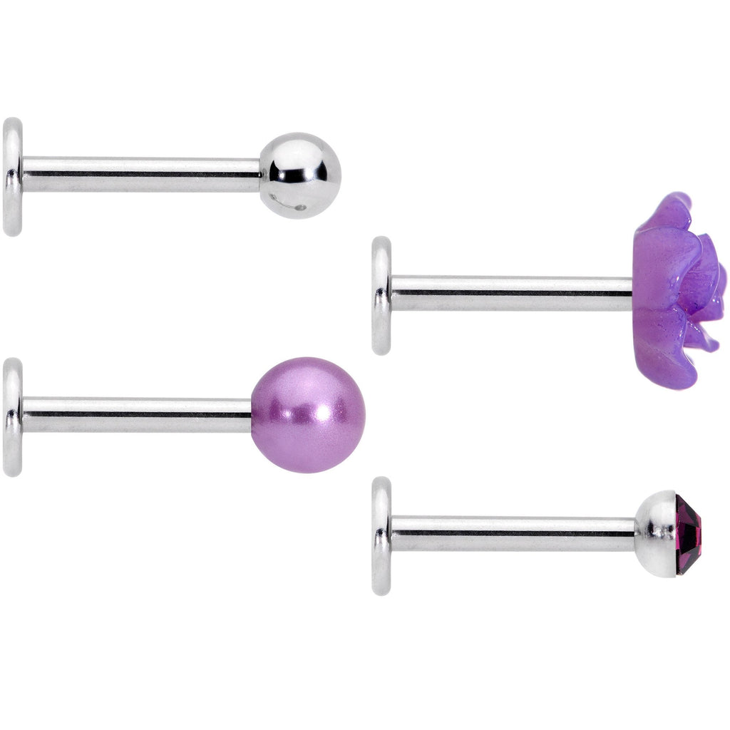 BodyCandy 16G 1/4 Purple Gem Rose Flower Labret Monroe Tragus Set of 4 — detail and construction