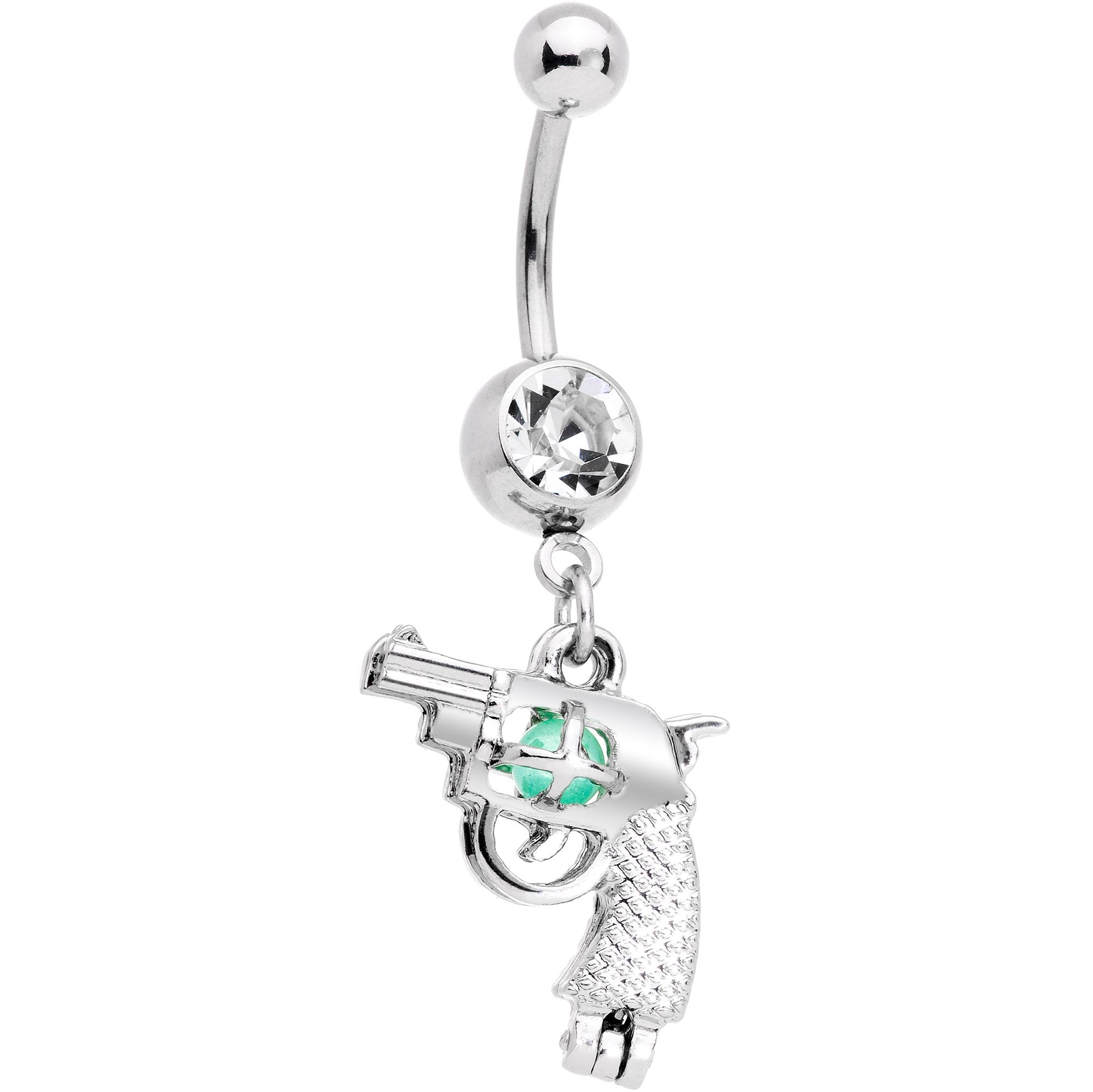BodyCandy Clear Gem Glow in the Dark Revolver Get Your Gun Dangle Belly Ring — main product shot