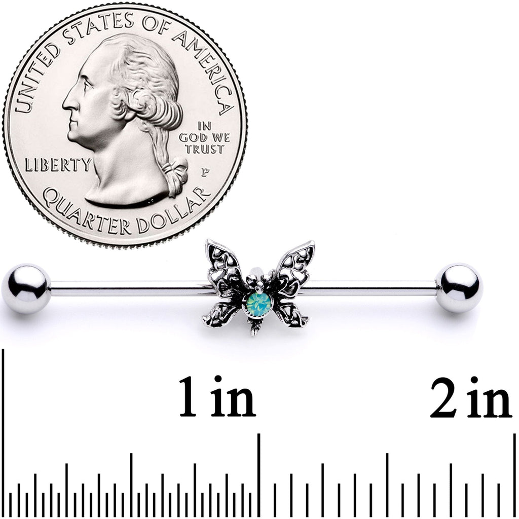 BodyCandy 14G Blue Faux Opal Butterfly Industrial Barbell 38mm — detail and construction