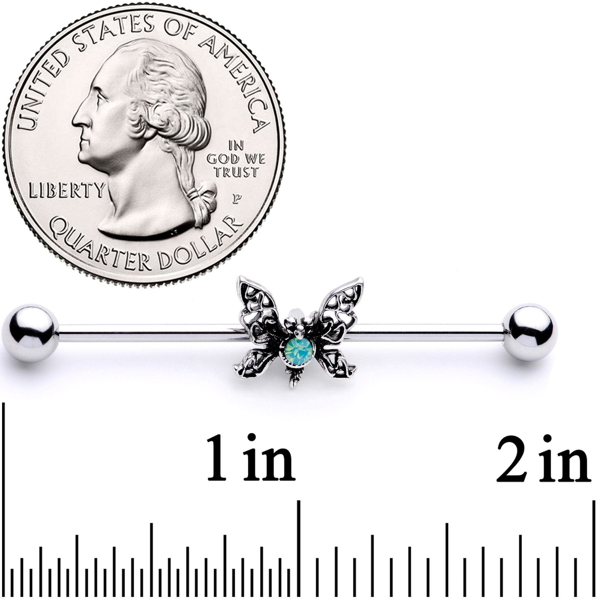 BodyCandy 14G Blue Faux Opal Butterfly Industrial Barbell 38mm — detail and construction