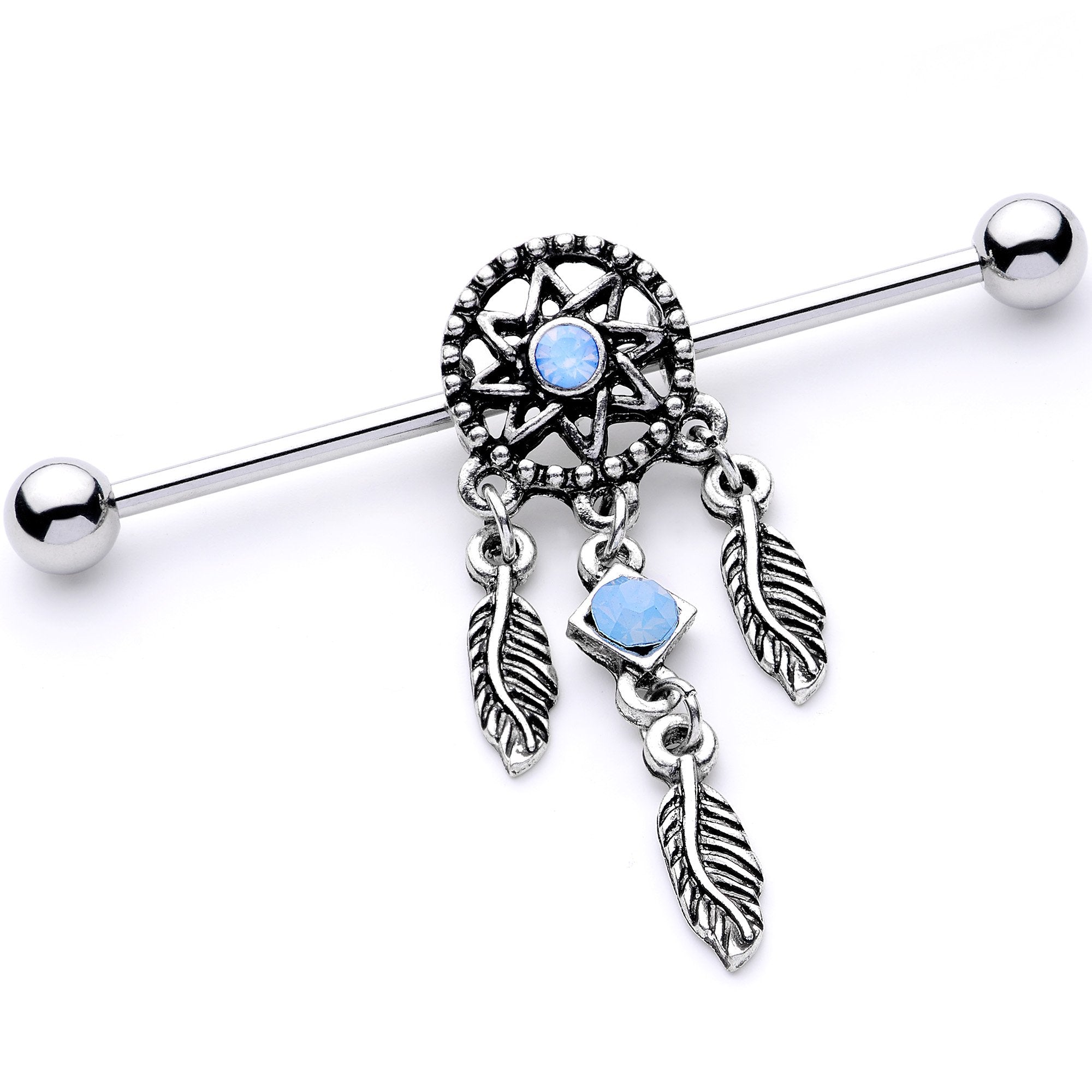 BodyCandy Blue Synthetic Opal Feather Dreamcatcher Industrial Barbell 38mm — main product shot