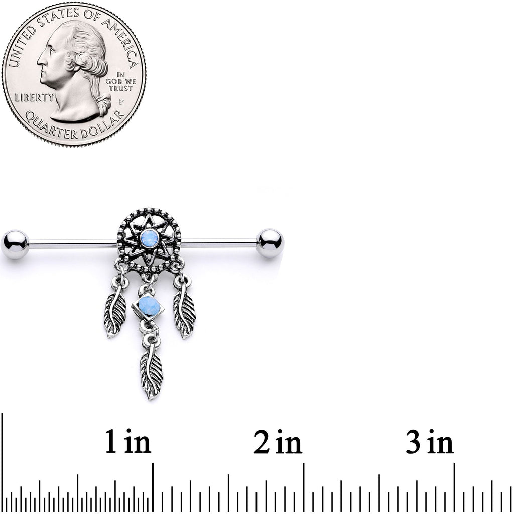 BodyCandy Blue Synthetic Opal Feather Dreamcatcher Industrial Barbell 38mm — detail and construction
