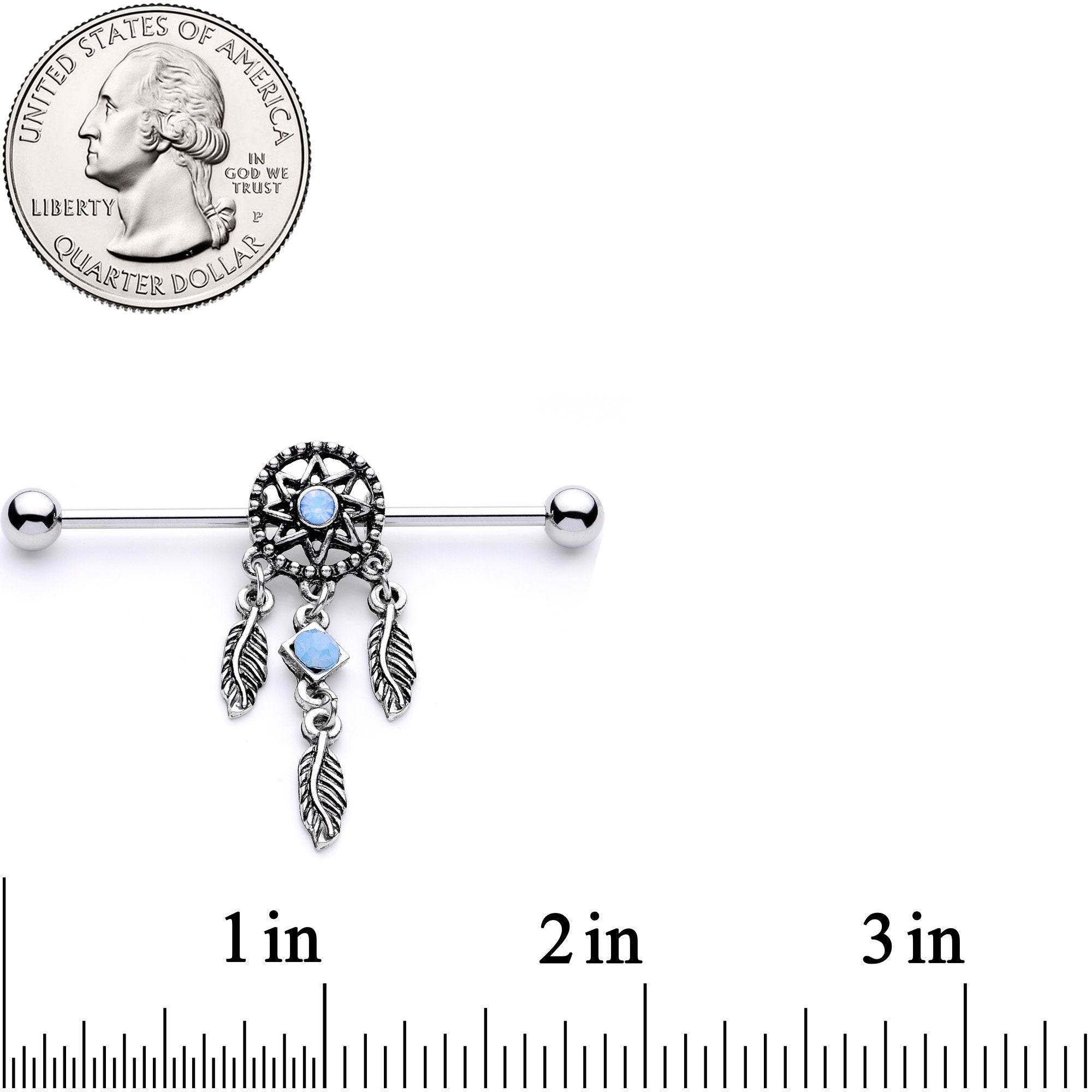 BodyCandy Blue Synthetic Opal Feather Dreamcatcher Industrial Barbell 38mm — detail and construction
