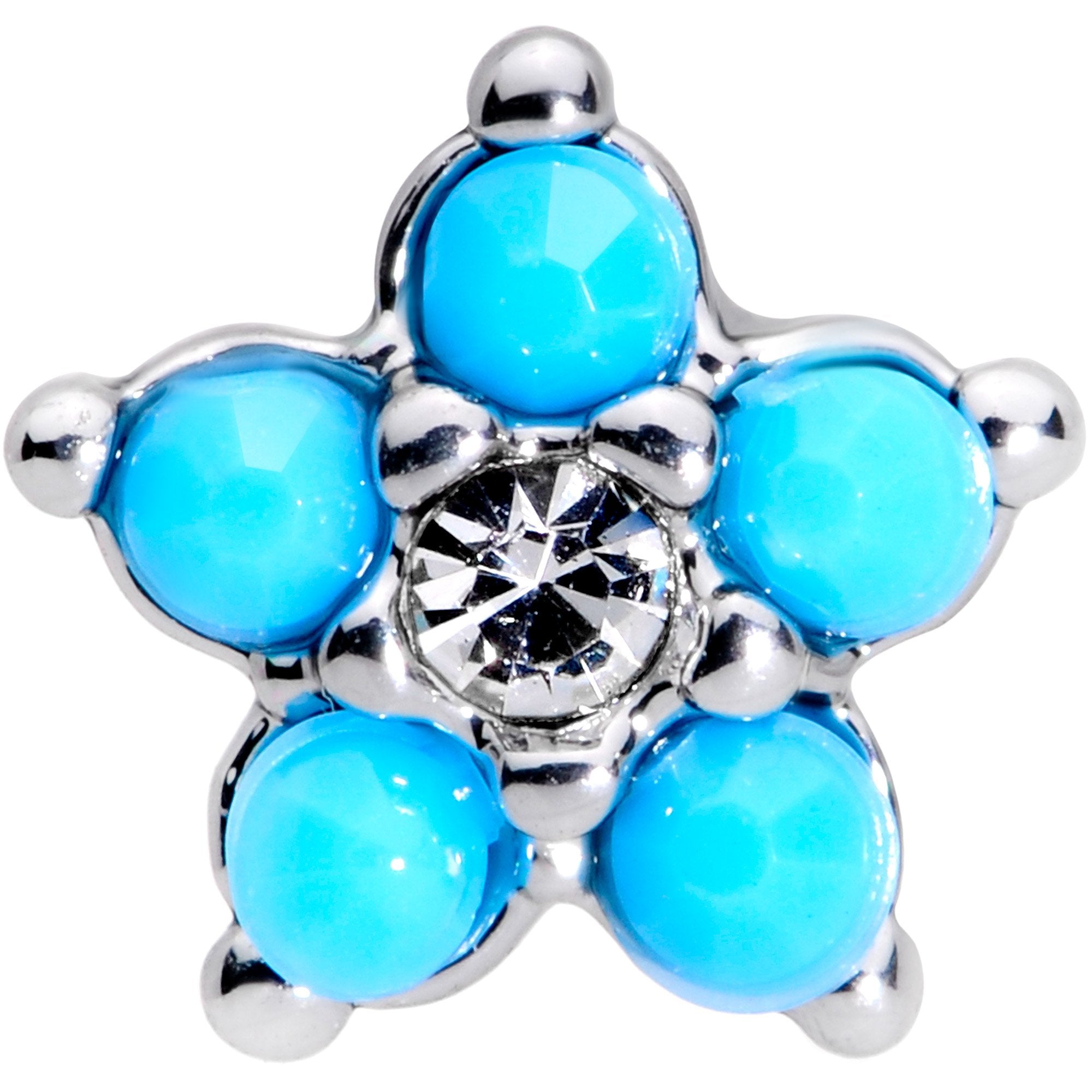 BodyCandy 16G 5/16 CZ Gem Faux Turquoise Flower Internally Threaded Labret — detail and construction