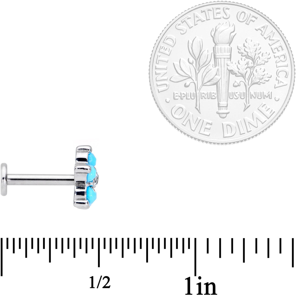 BodyCandy 16G 5/16 CZ Gem Faux Turquoise Flower Internally Threaded Labret — branding close-up