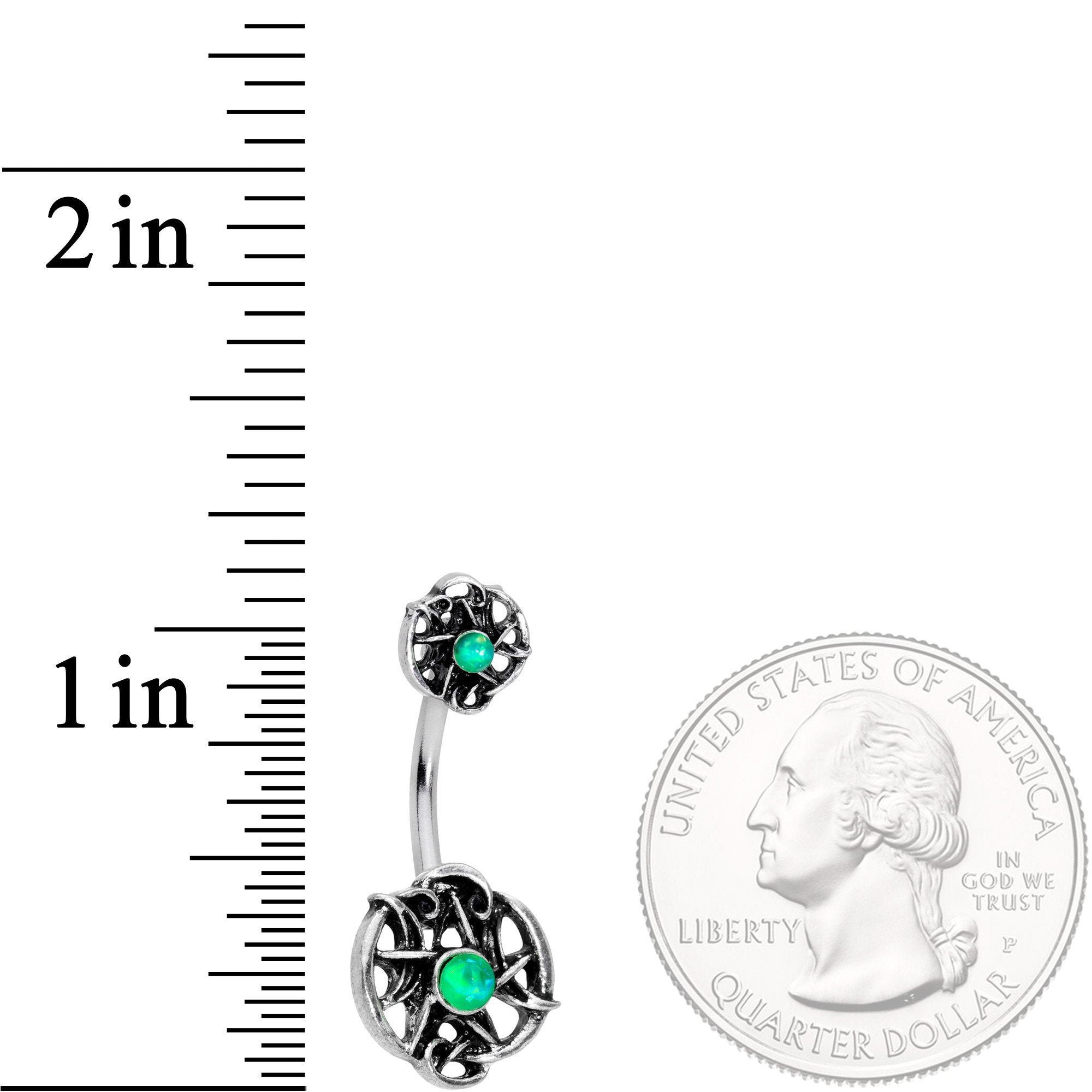 BodyCandy Green Synthetic Opal Moon Pentagram Double Mount Belly Ring — detail and construction