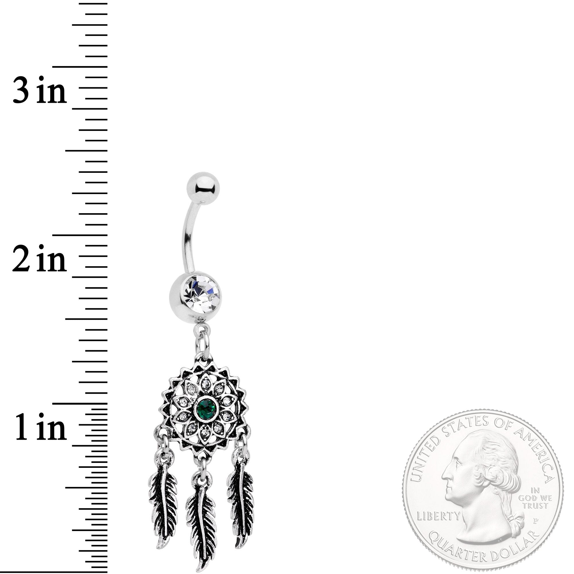BodyCandy Clear Green Gem Floral Dreamcatcher Dangle Belly Ring — detail and construction