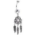 BodyCandy Clear Gem Pink Faux Opal Feather Dreamcatcher Dangle Belly Ring — main product shot
