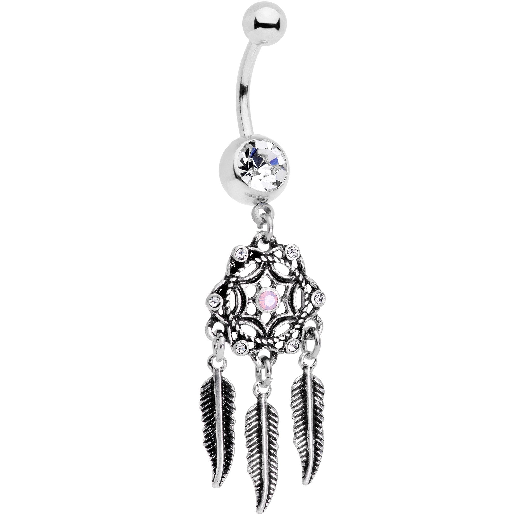 BodyCandy Clear Gem Pink Faux Opal Feather Dreamcatcher Dangle Belly Ring — main product shot