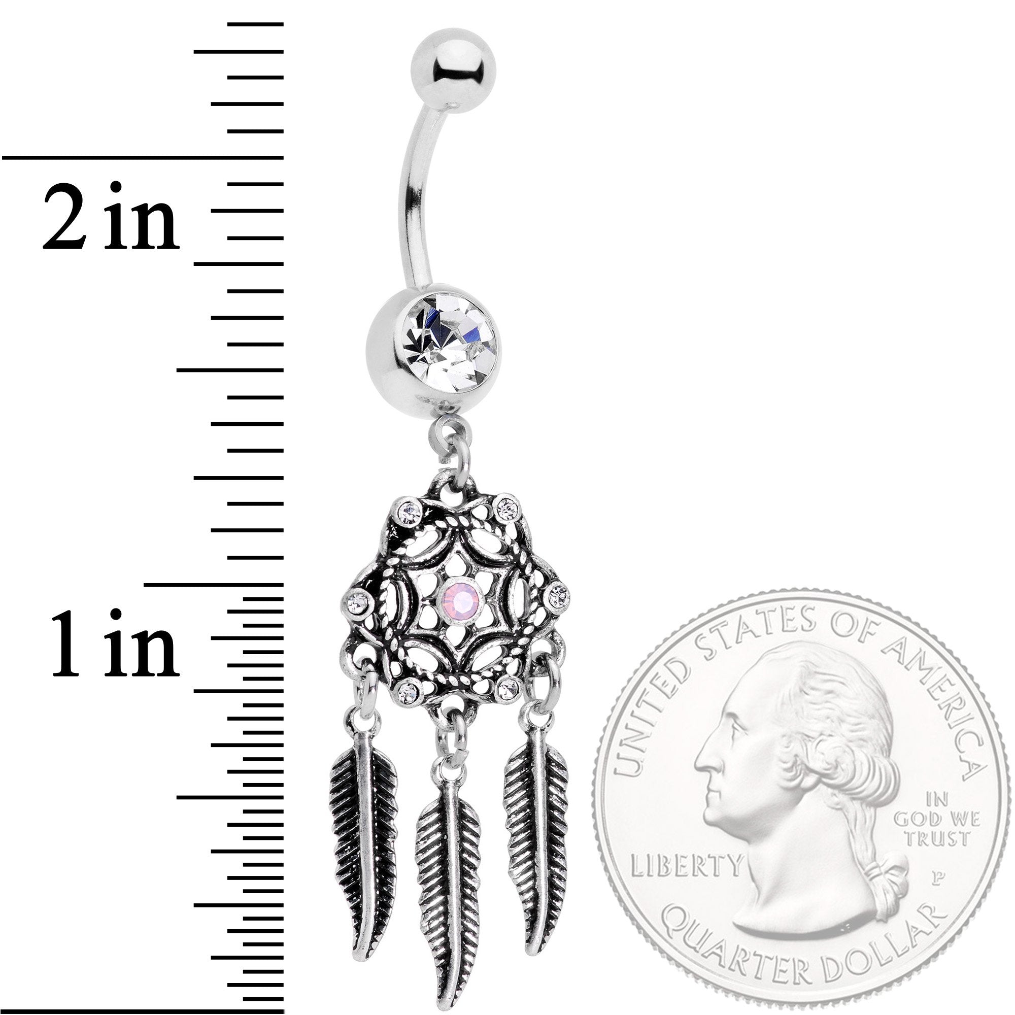 BodyCandy Clear Gem Pink Faux Opal Feather Dreamcatcher Dangle Belly Ring — lifestyle context