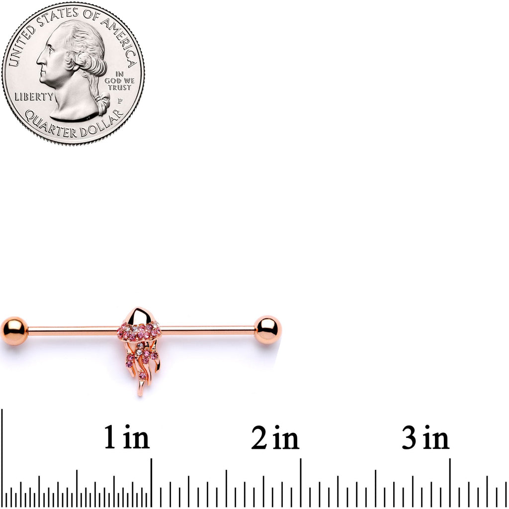 BodyCandy 14G Clear CZ Gem Rose Gold Tone Jellyfish Industrial Barbell 38mm — detail and construction