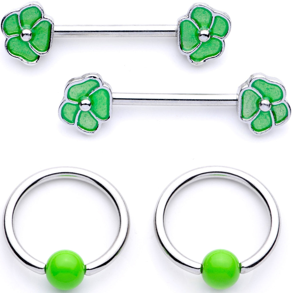 BodyCandy 14G 9/16 1/2 Green Flower BCR Barbell Nipple Ring Set — main product shot