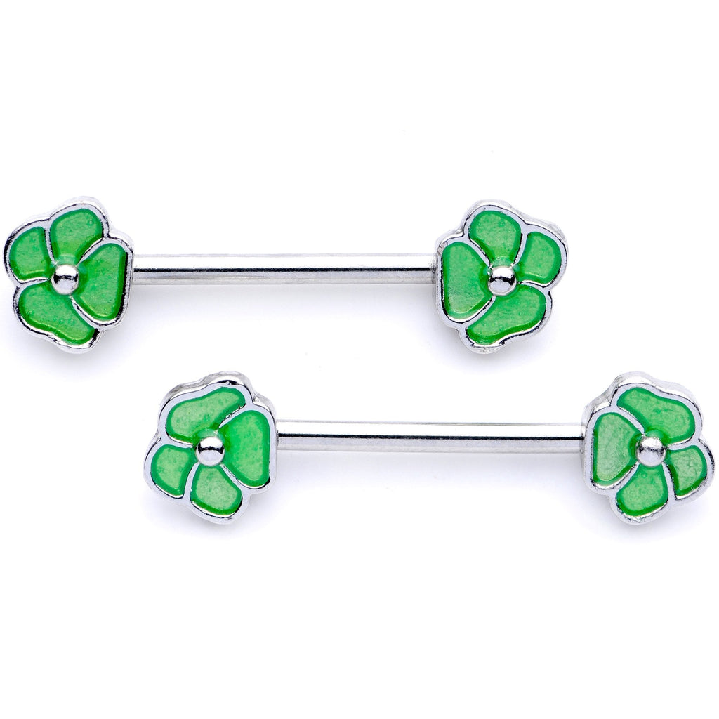 BodyCandy 14G 9/16 1/2 Green Flower BCR Barbell Nipple Ring Set — detail and construction