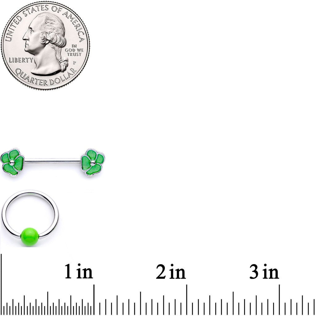 BodyCandy 14G 9/16 1/2 Green Flower BCR Barbell Nipple Ring Set — branding close-up