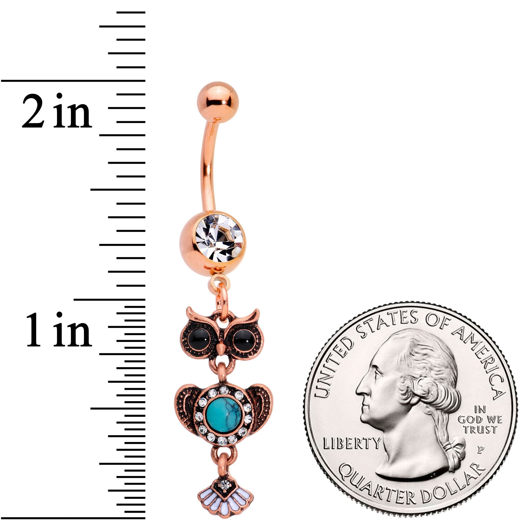 BodyCandy Faux Turquoise Rose Gold Tone Southwestern Wise Owl Dangle Belly Ring — detail and construction
