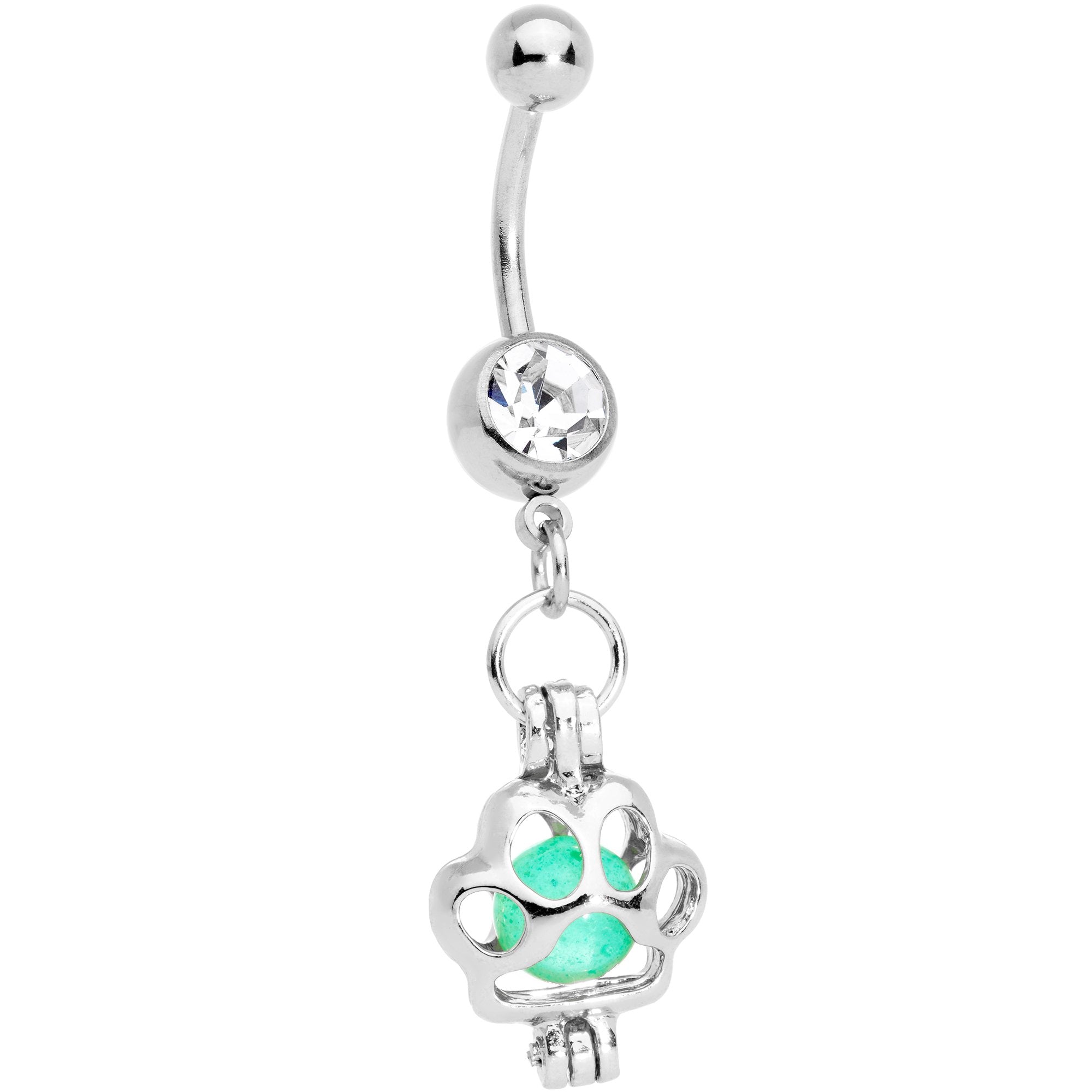 BodyCandy Clear Gem Glow in the Dark Paw Print Dangle Belly Ring — main product shot