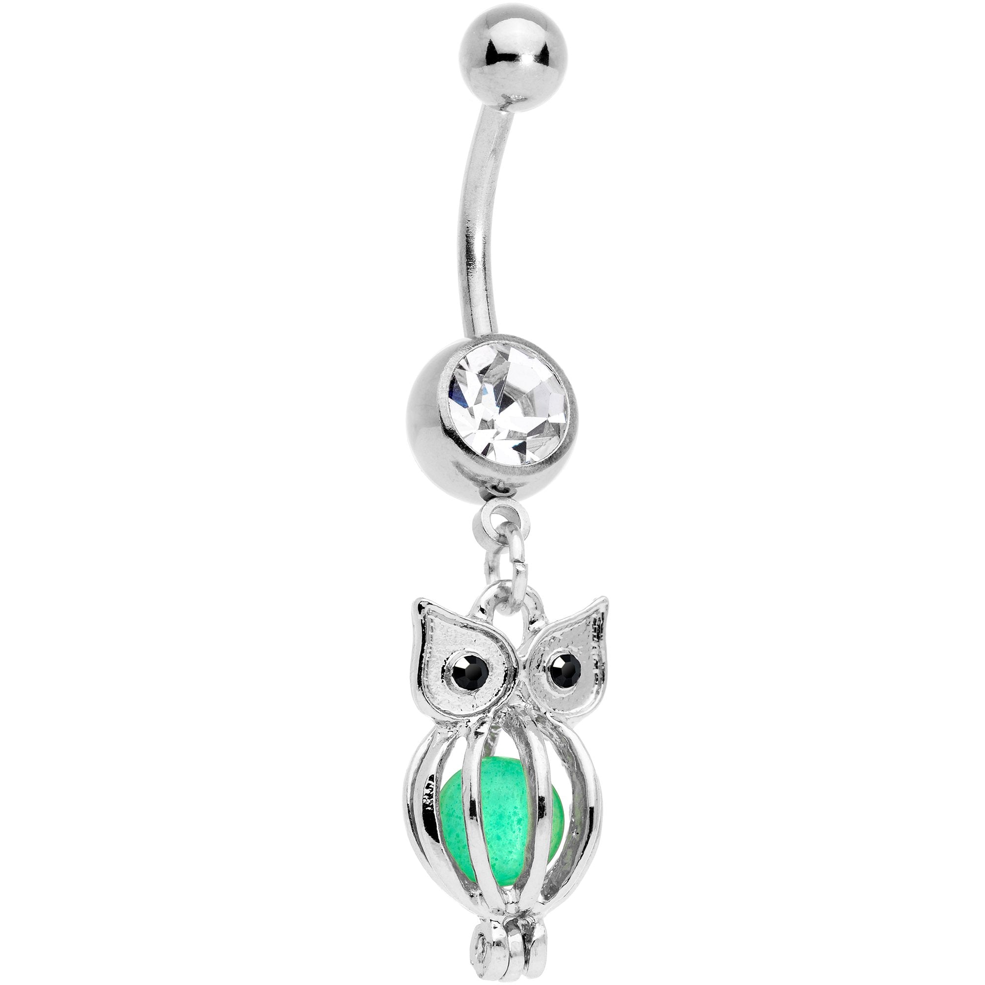BodyCandy Black Clear Gem Glow in the Dark Owl Dangle Belly Ring — main product shot