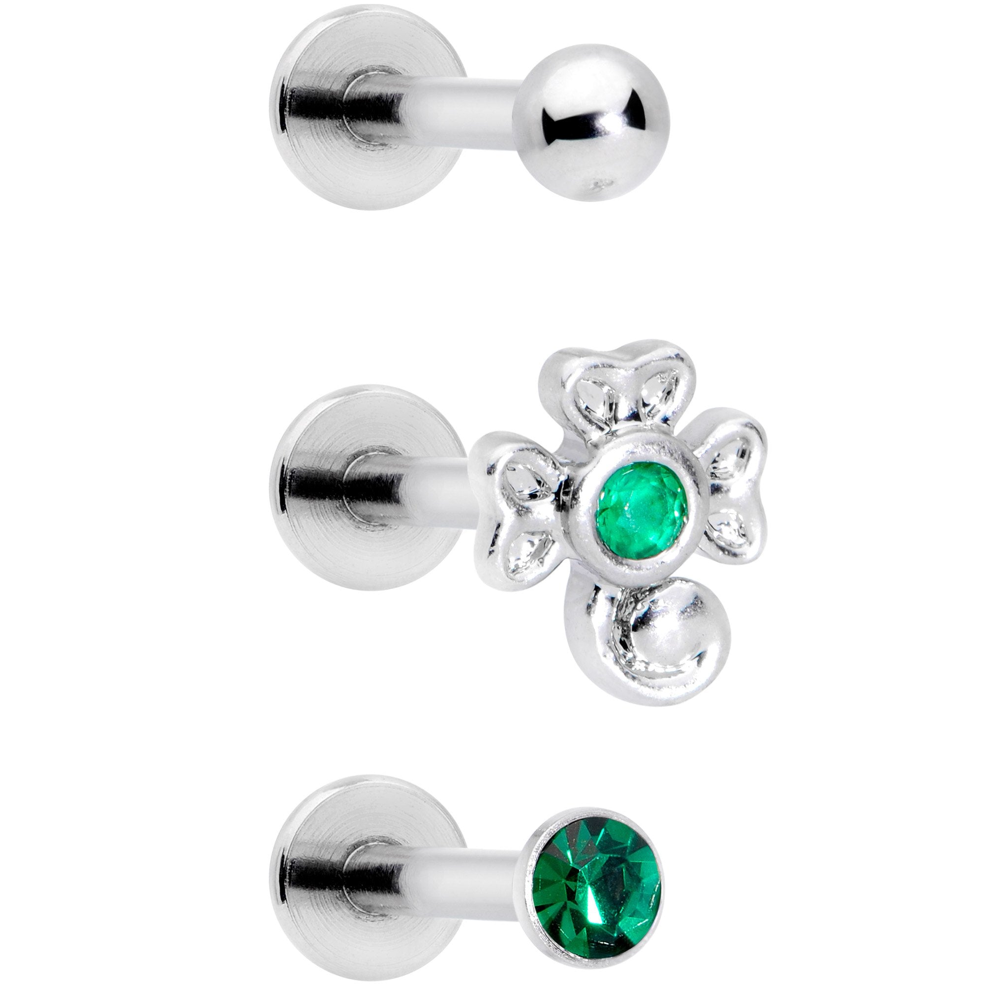 BodyCandy 16G 5/16 Green Gem St Patricks Day Shamrock Labret Set of 3 — lifestyle context