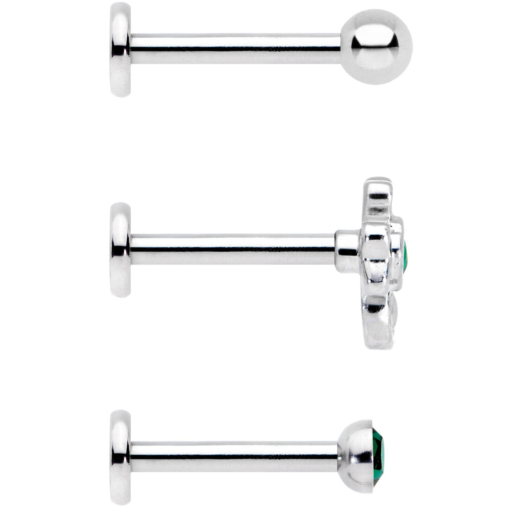 BodyCandy 16G 5/16 Green Gem St Patricks Day Shamrock Labret Set of 3 — branding close-up